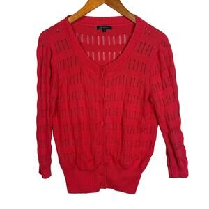 AK ANNE KLEIN Hot Pink Open Knit Cardigan Size XL Ribbed Hem V Neck